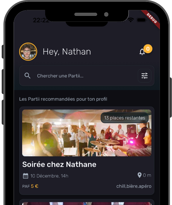 Capture d'écran montrant la liste des soirées sur l'application, la vue principale